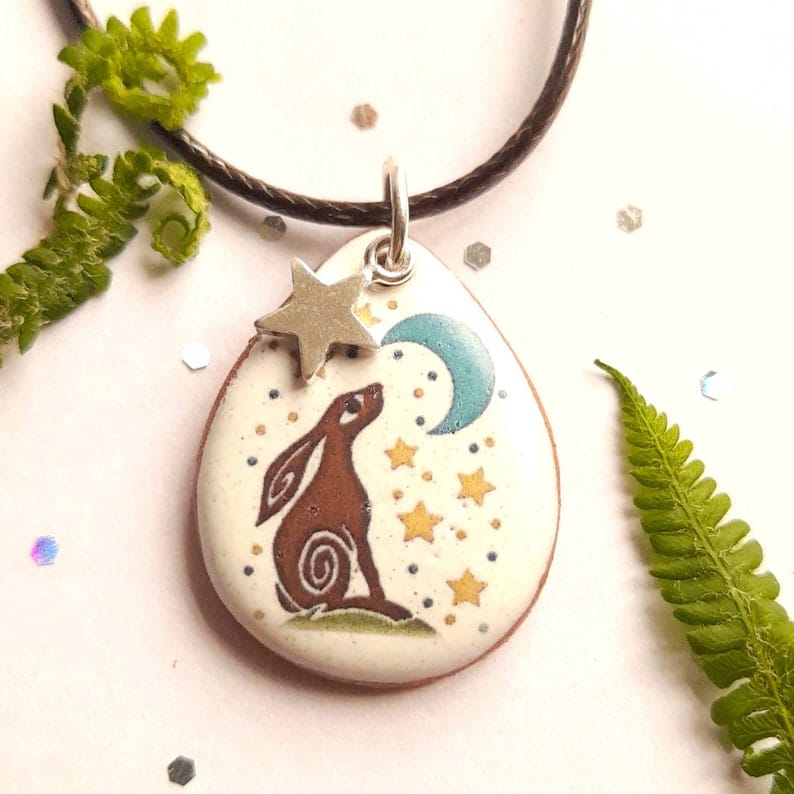 Moon Gazing Hare Ceramic Art Pendant